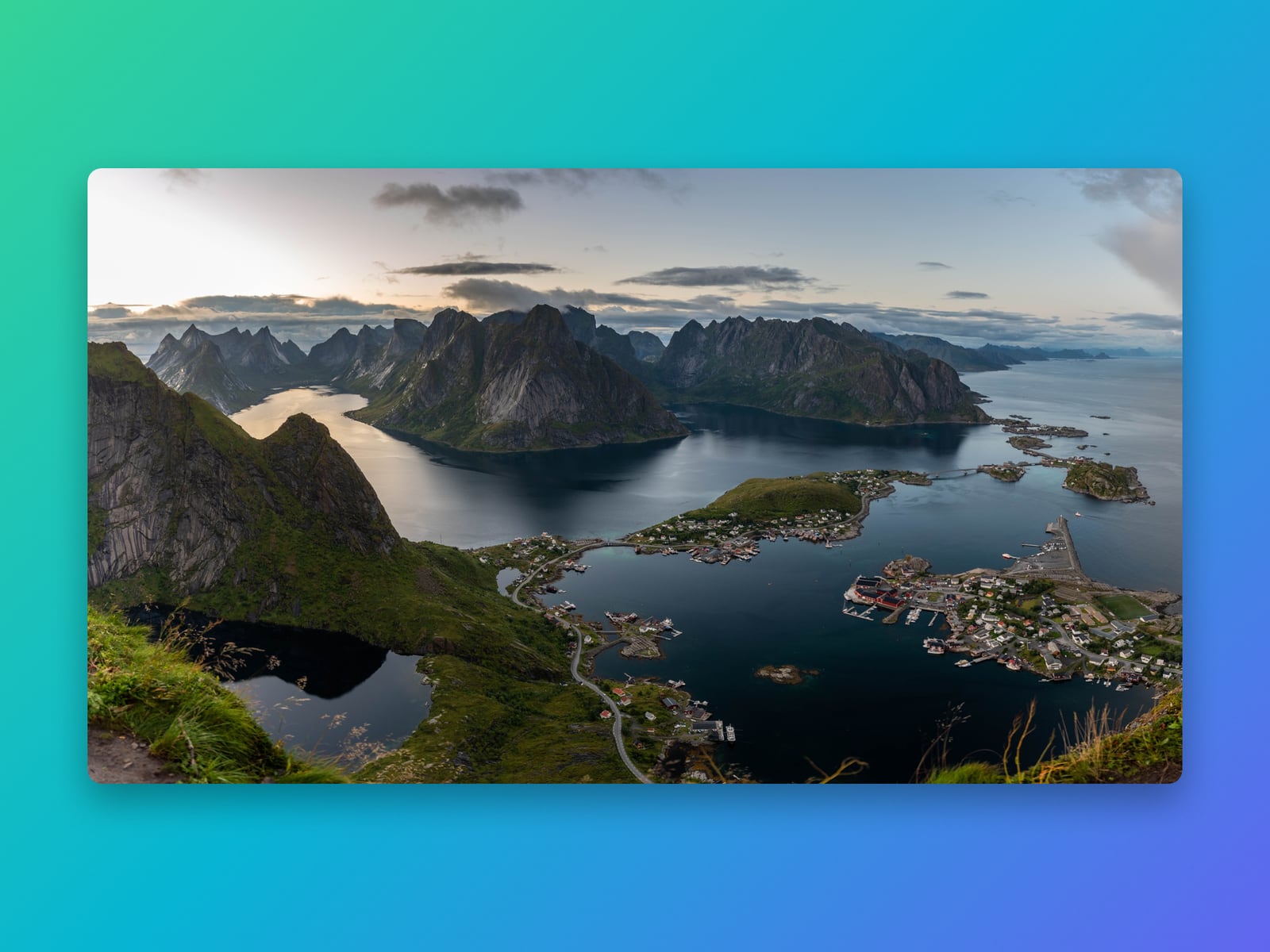 A view over the fjords and fishing villages of Lofoten from Reinebringen, on the default Lagoon gradient, green to blue.
