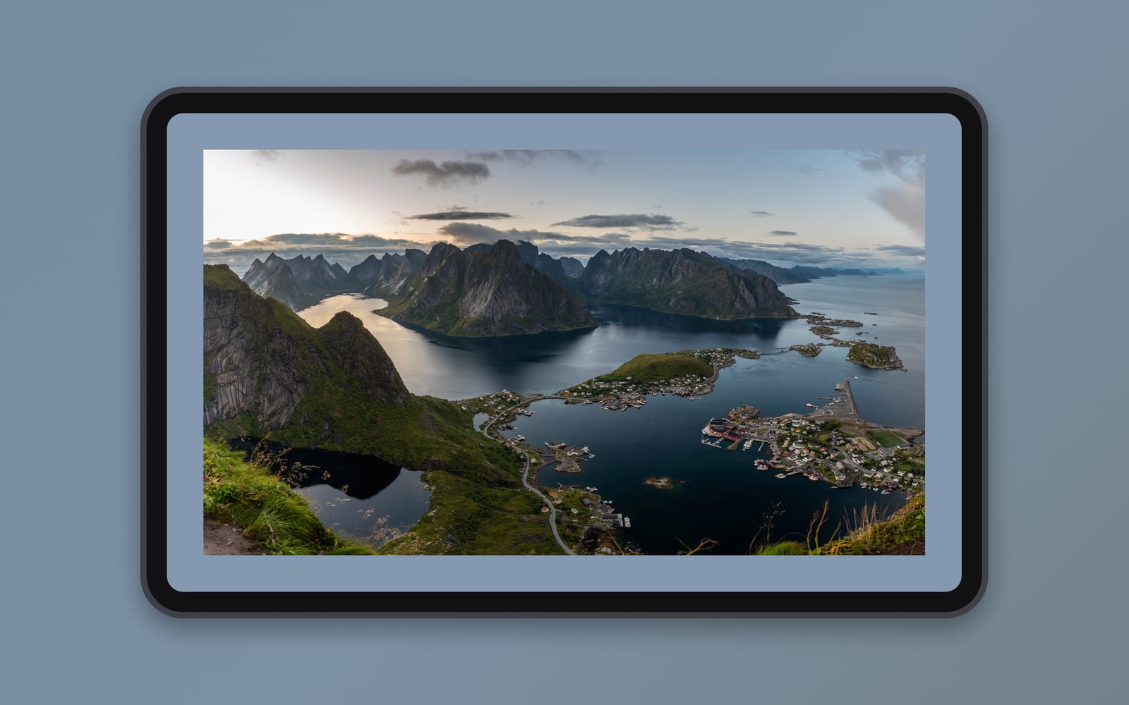 The Lofoten photo in a generic tablet frame, landscape.