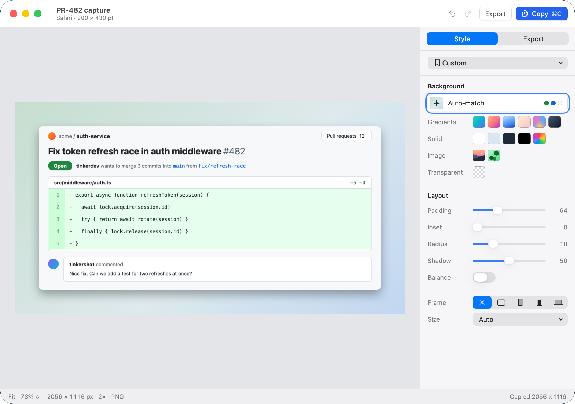 The TinkerShot editor with a pull request screenshot on an Auto-match background. The Style tab shows Background, Layout sliders for Padding, Inset, Radius and Shadow, Balance, Frame and Size.