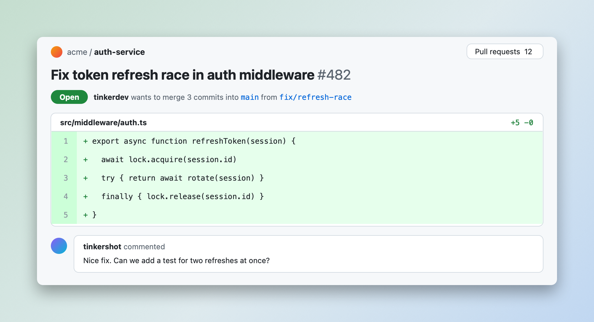 A pull request screenshot on a soft Auto-match background built from its own colours, with even padding, rounded corners and a shadow.