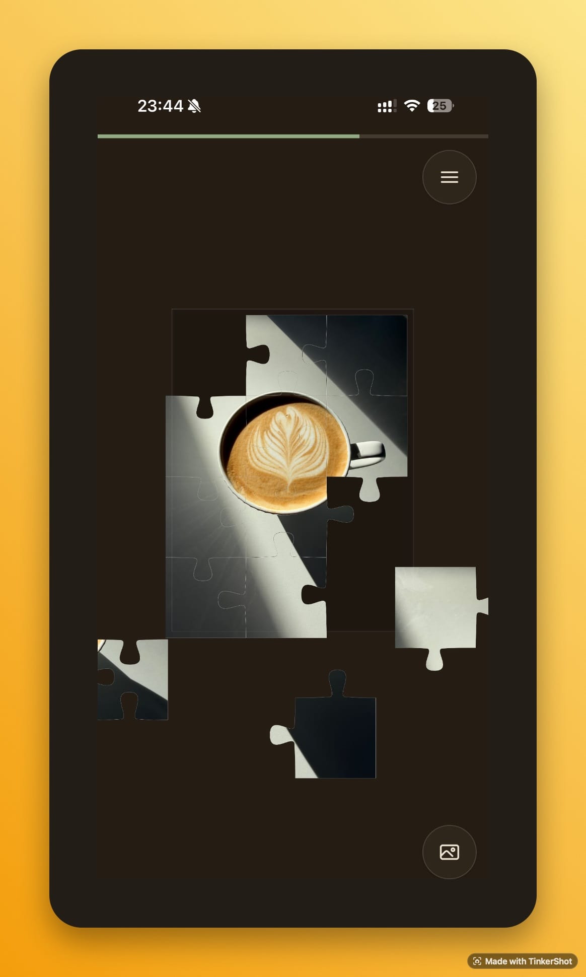 A phone screenshot of a half-finished jigsaw of a latte with rosetta art, on a warm yellow gradient with rounded corners and a soft shadow.